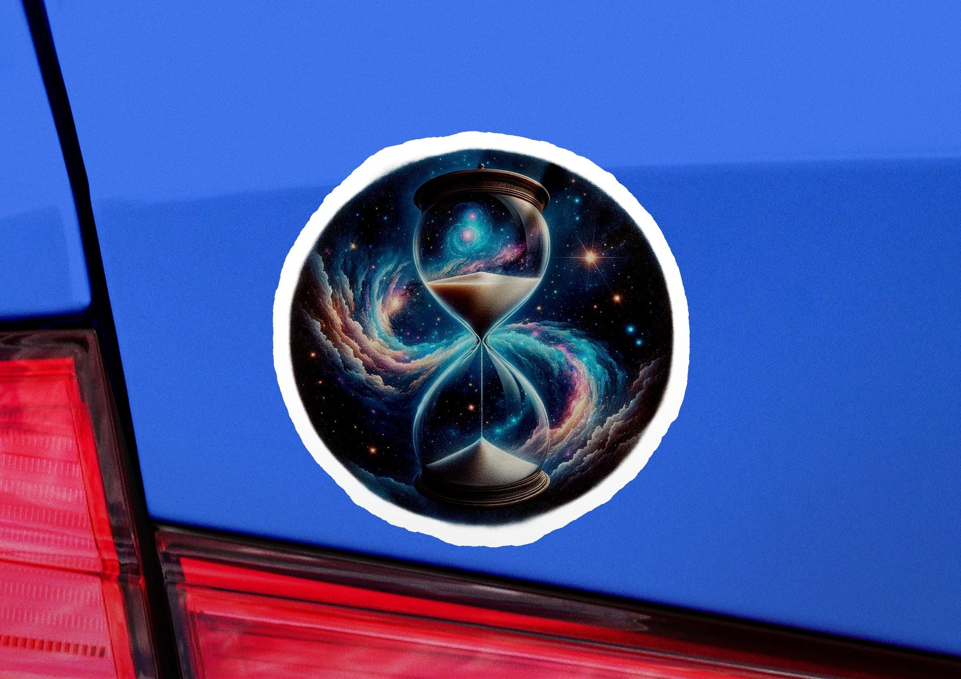 a sticker of an hourglass on the back of a car