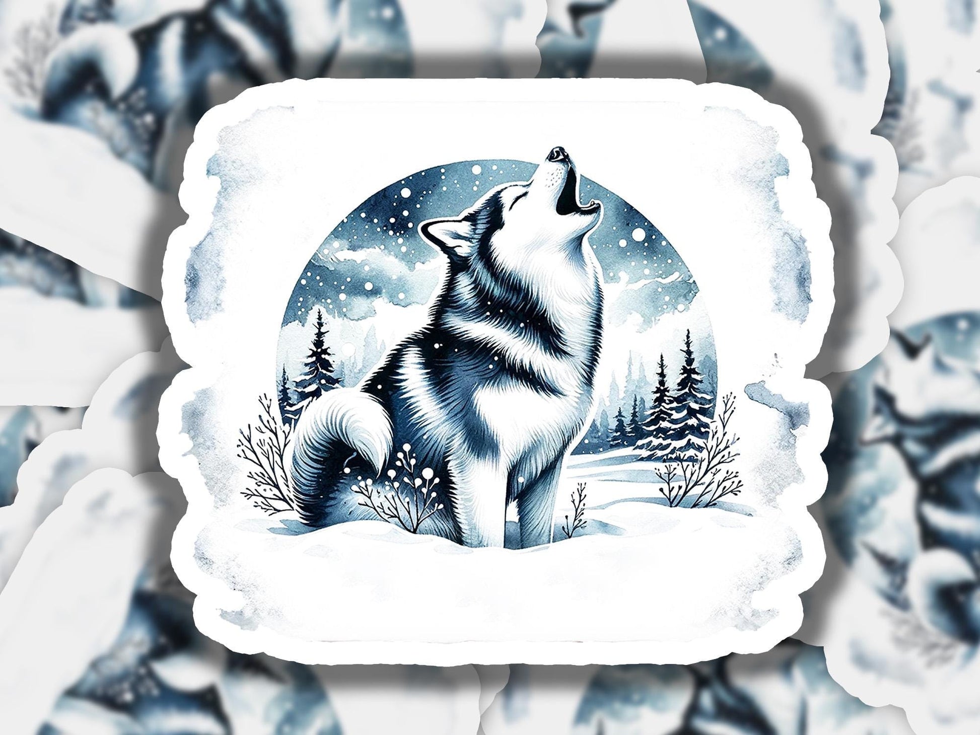 a drawing of a wolf sitting in the snow