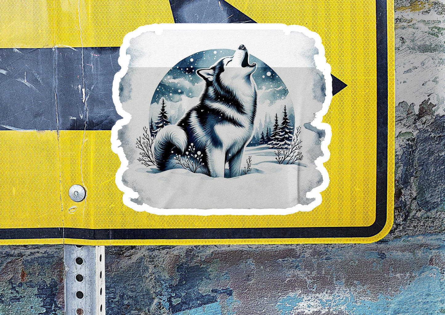 a sticker of a wolf sitting in the snow