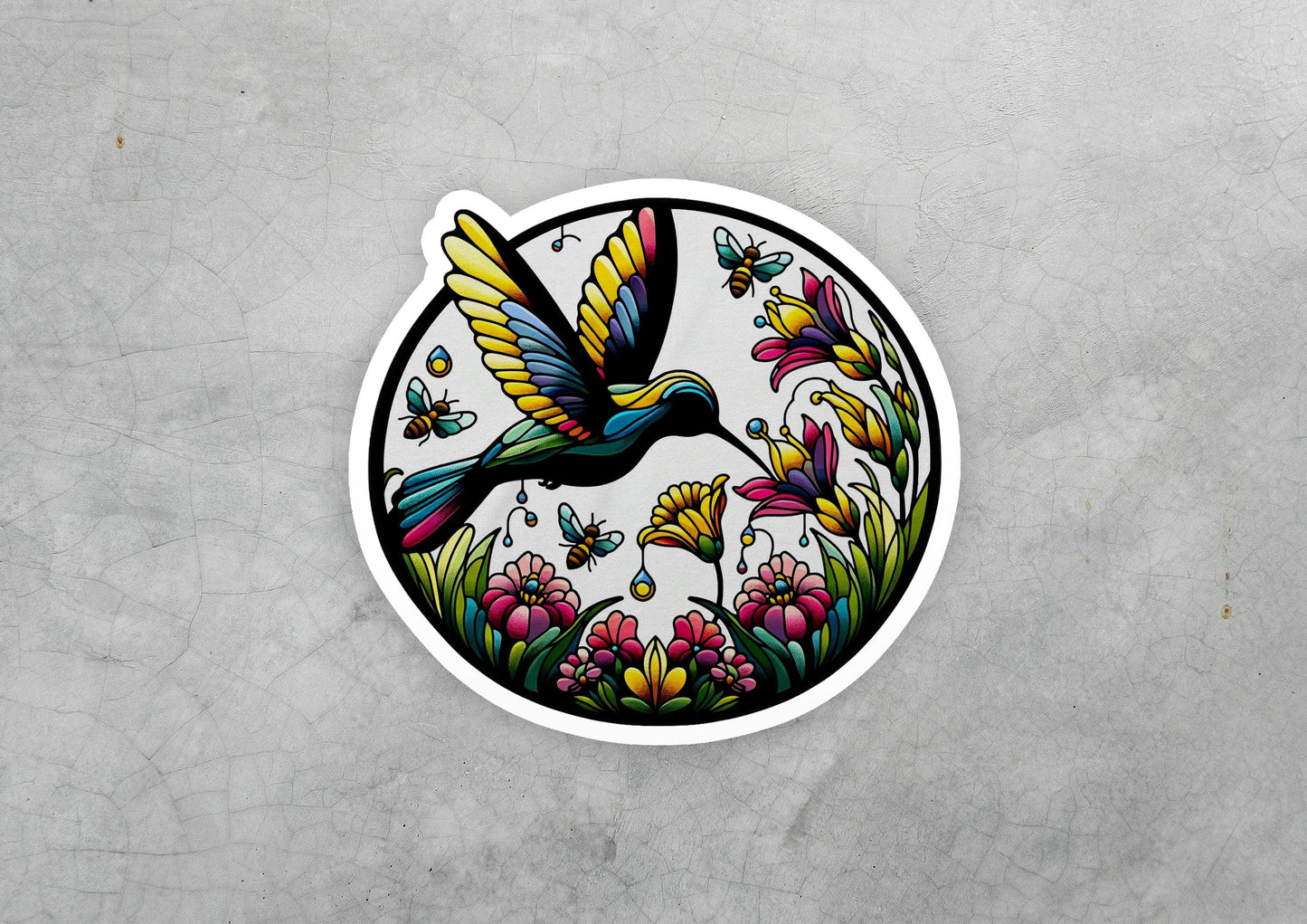 a sticker of a hummingbird flying over flowers