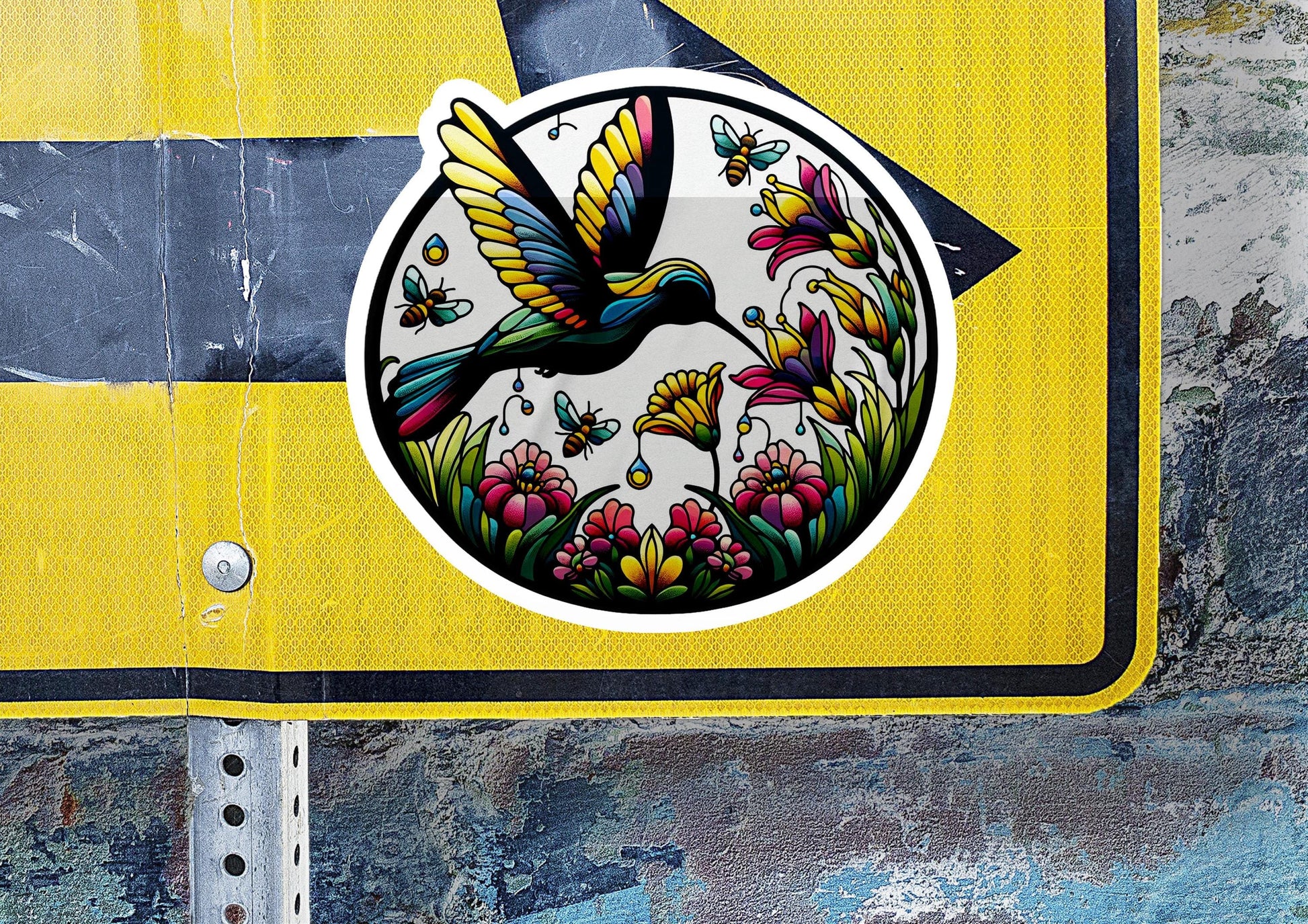a close up of a street sign with a bird on it