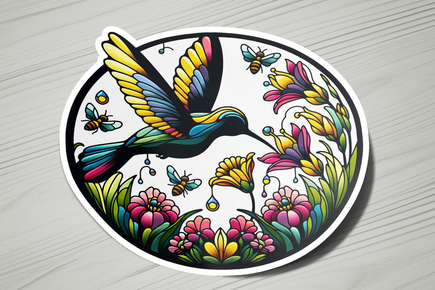 a sticker with a bird and flowers on it