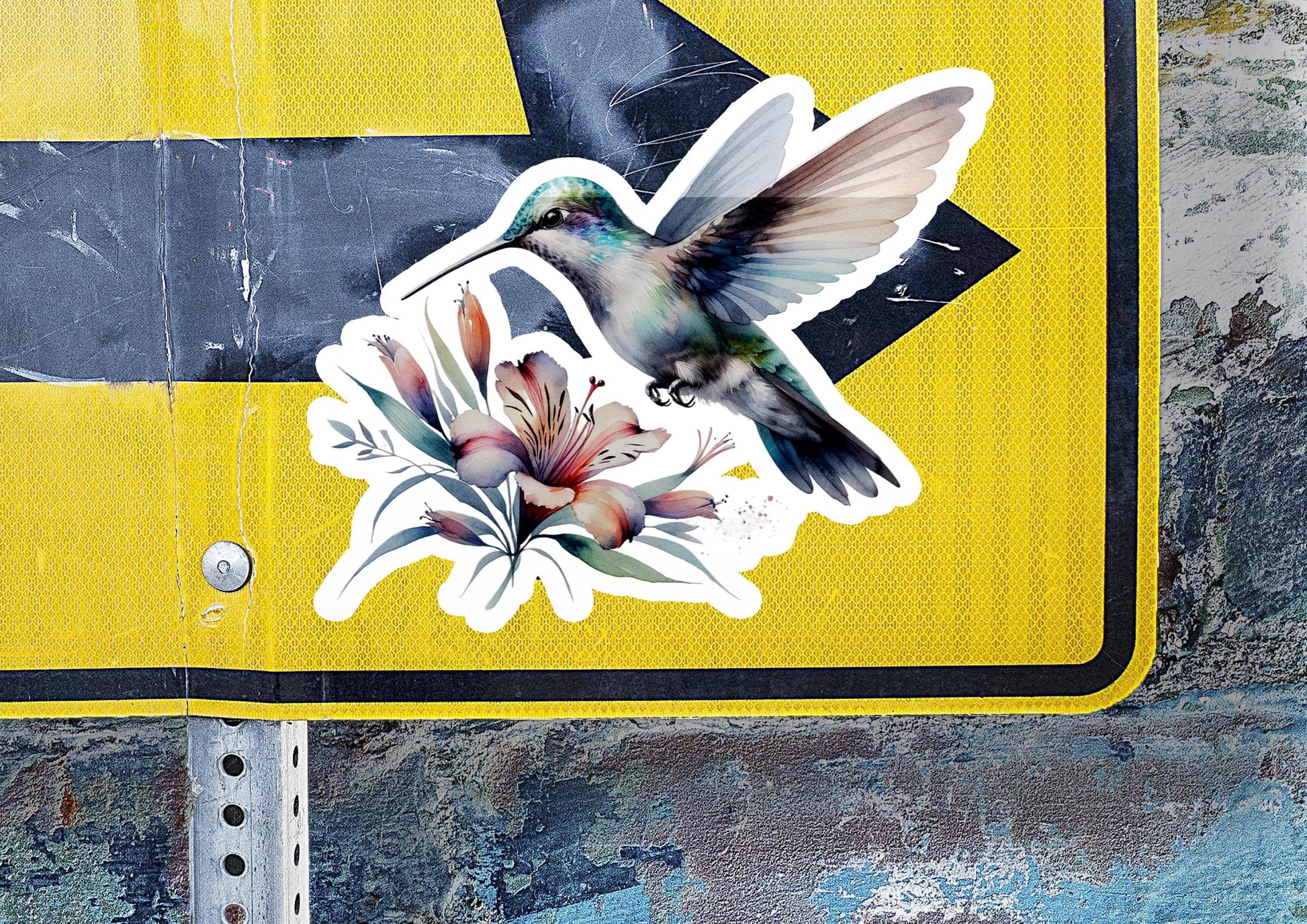 a sticker of a hummingbird on a street sign