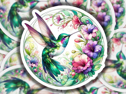a sticker with a hummingbird and flowers on it