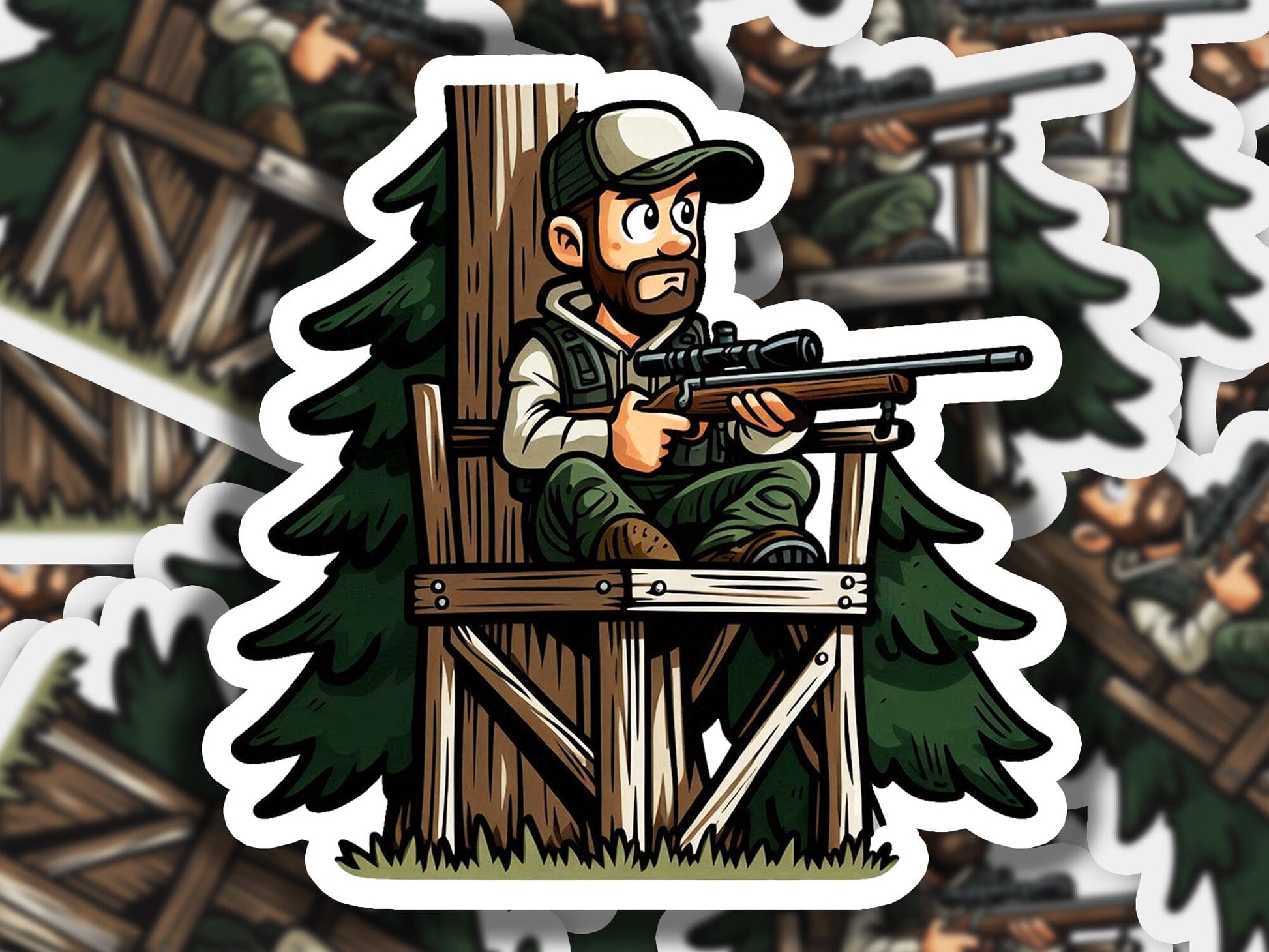 a sticker of a man sitting in a chair with a gun