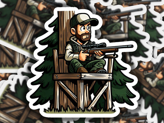 a sticker of a man sitting in a chair with a gun