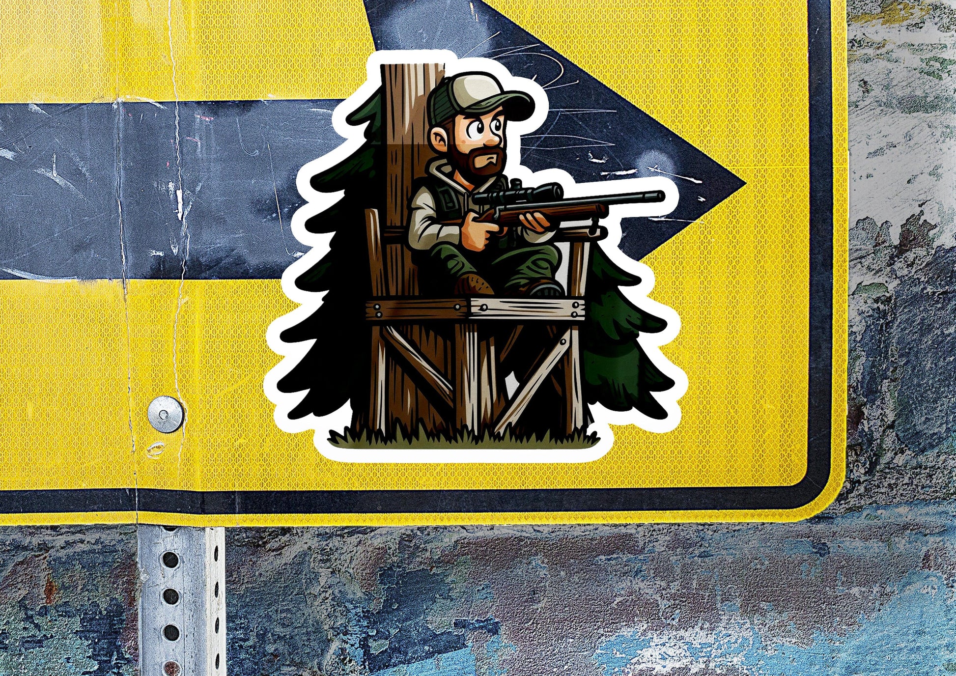 a sticker of a man sitting in a chair with a gun