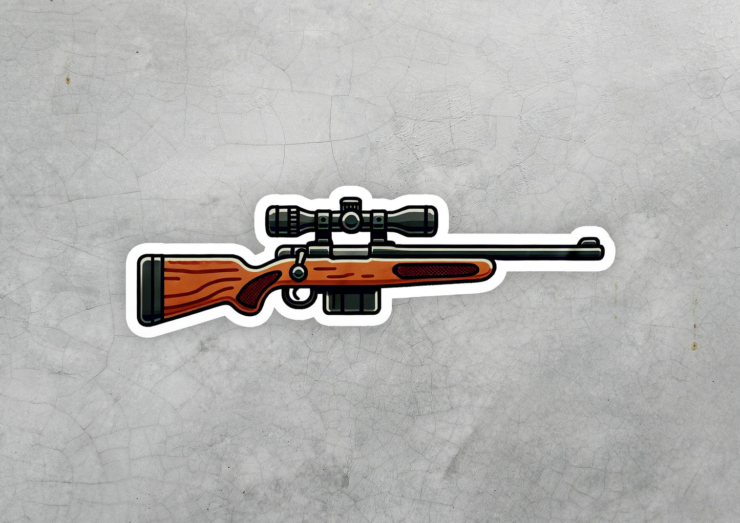 a sticker of a rifle with a scope