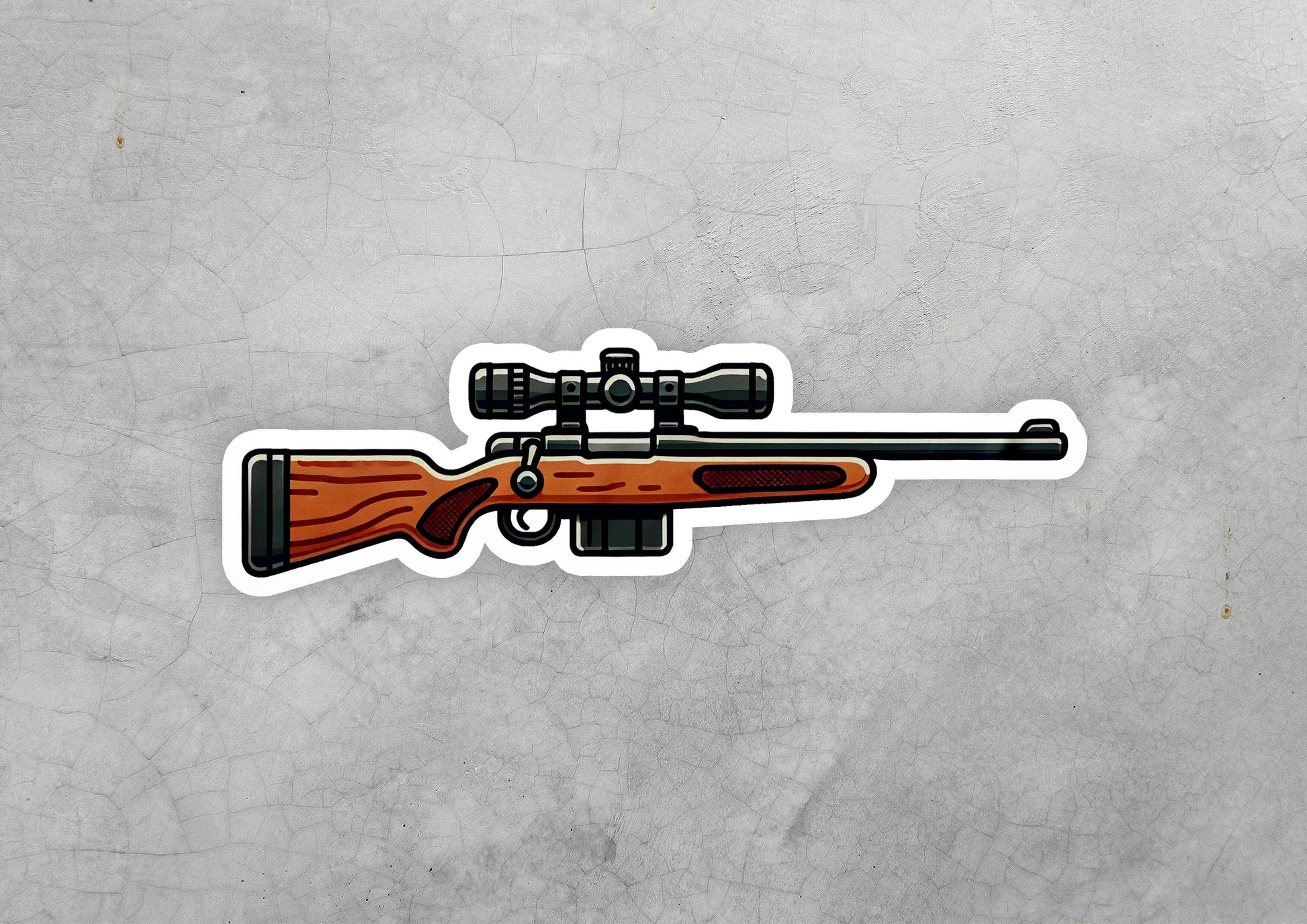 a sticker of a rifle with a scope