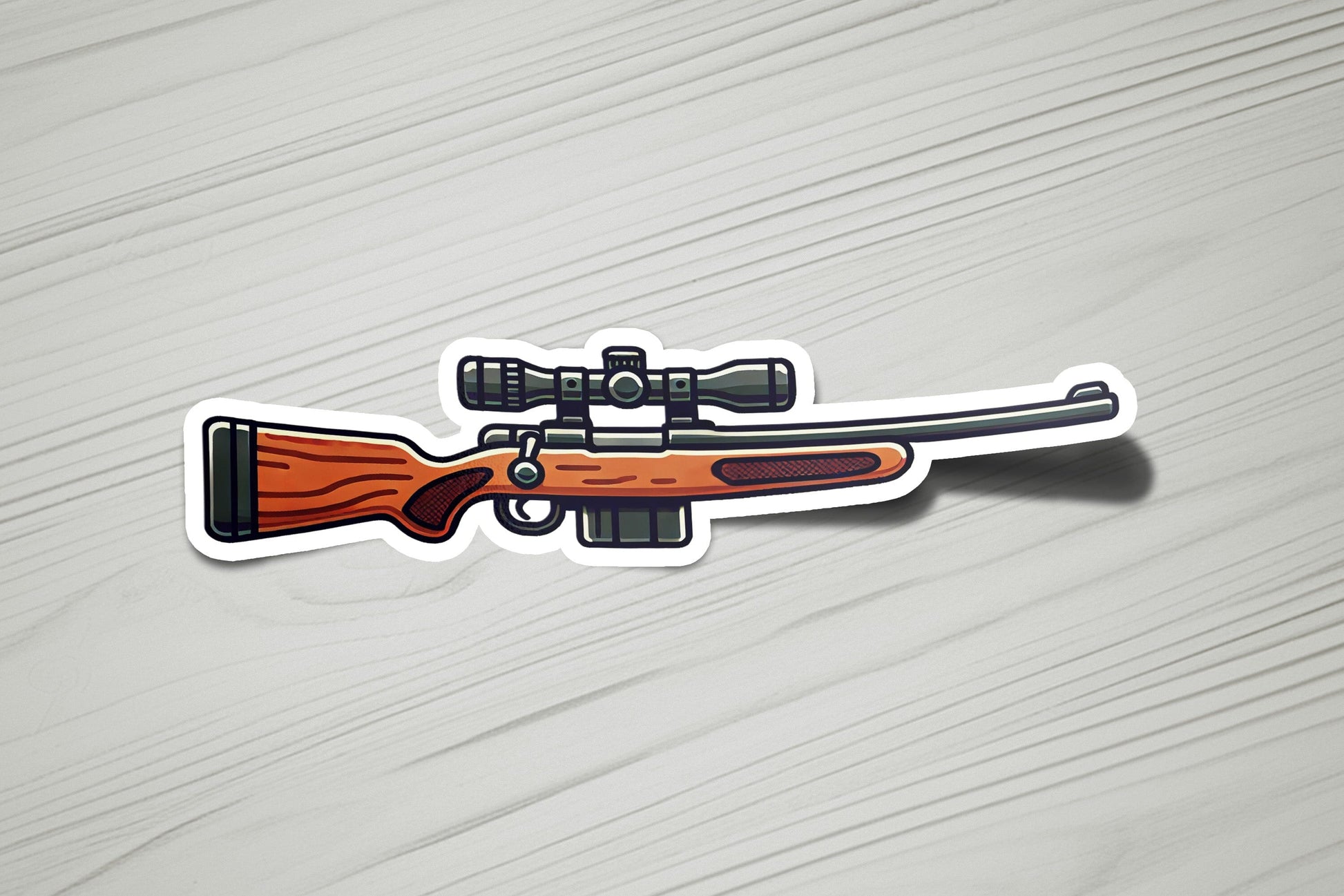 a sticker of a rifle with a scope