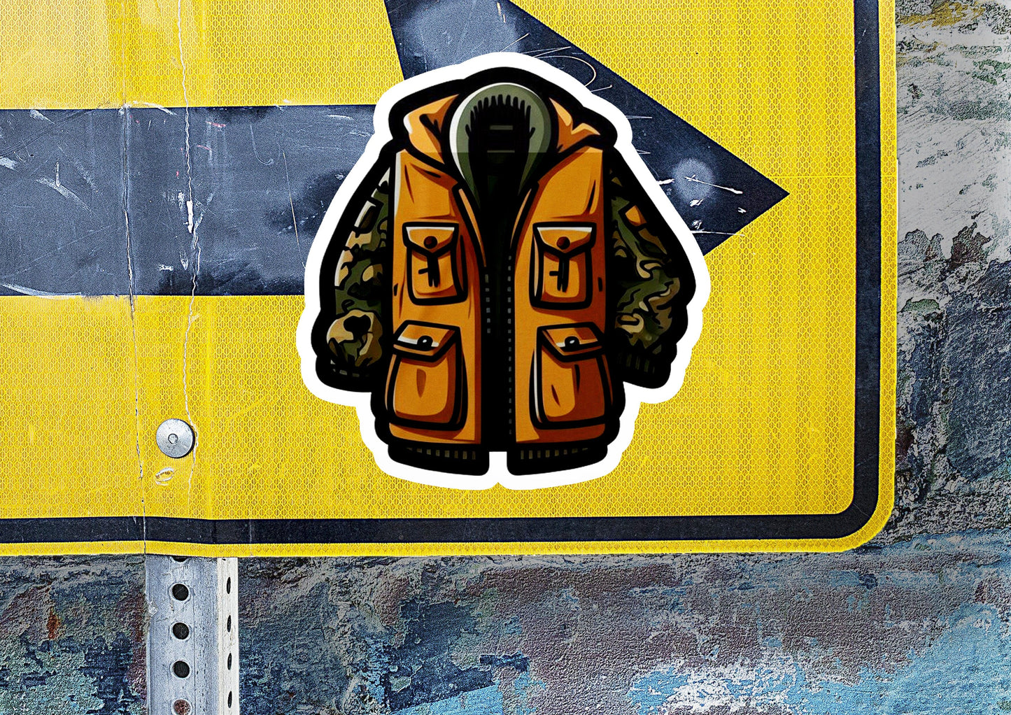 a sticker of a jacket on a street sign