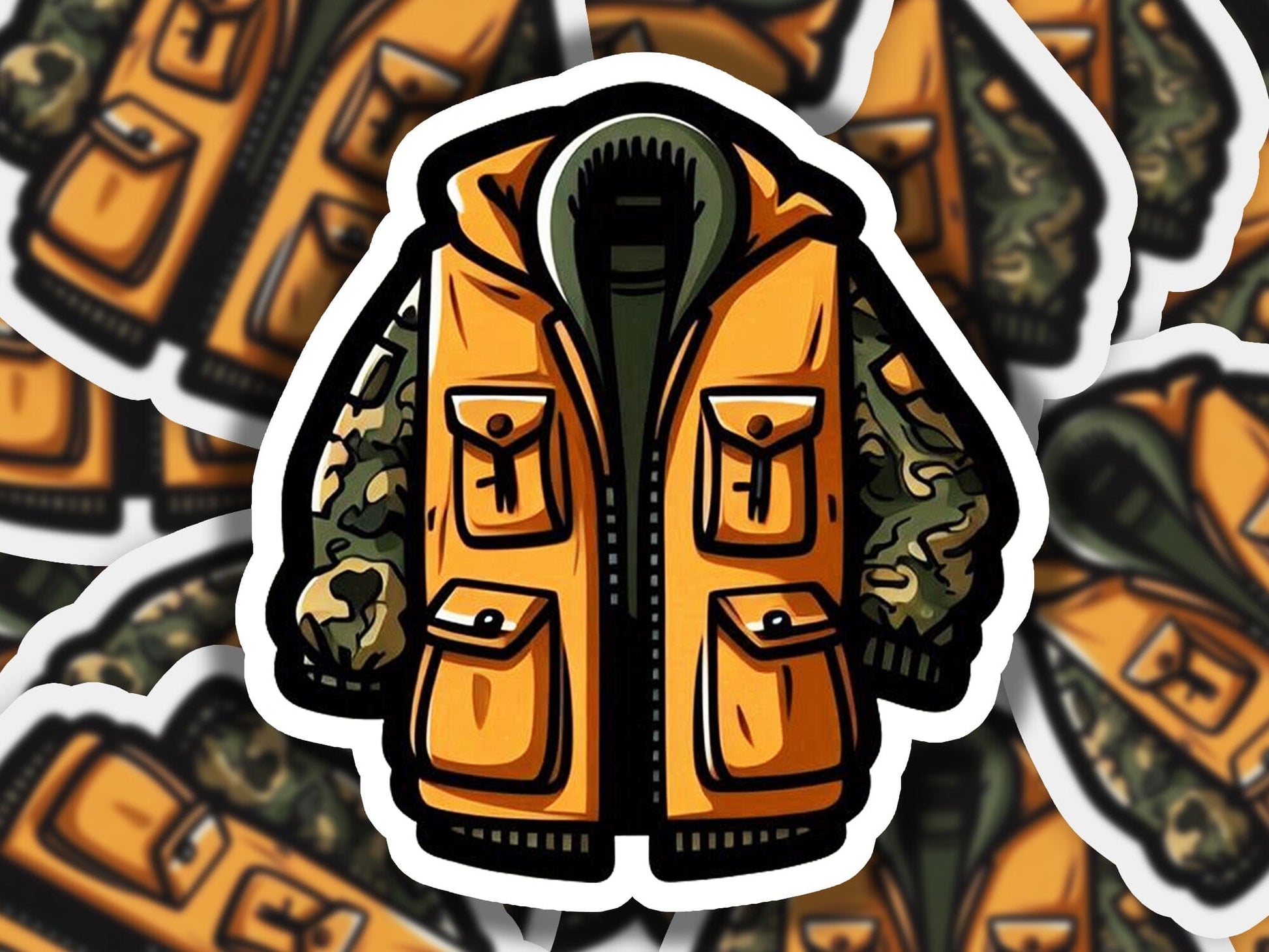 a sticker of a yellow jacket surrounded by money