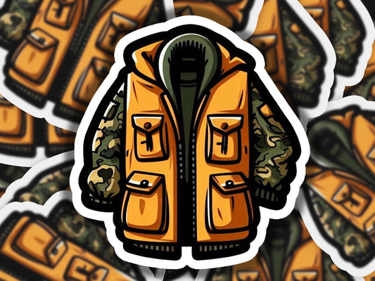 a sticker of a yellow jacket surrounded by money