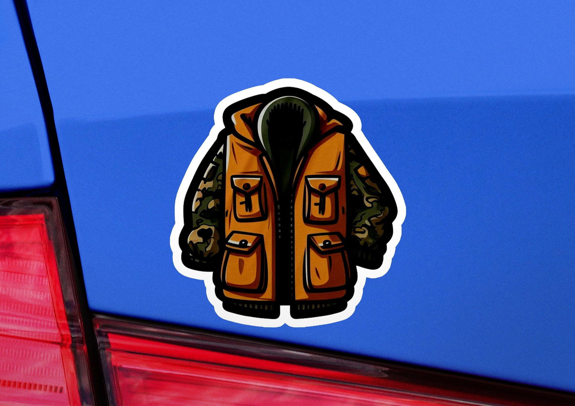 a sticker of a jacket on the back of a car