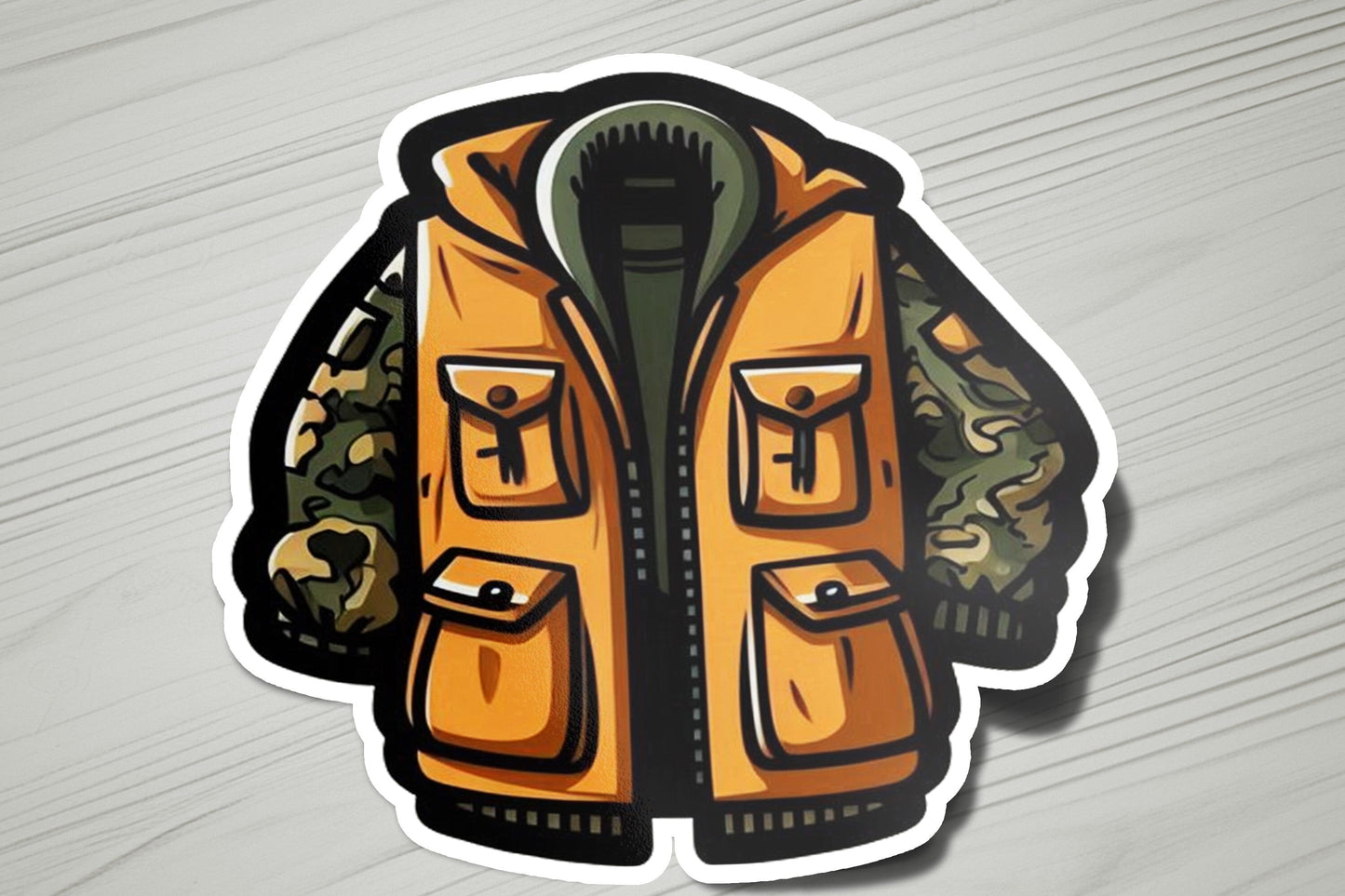 a sticker of an orange jacket with a camo print on it