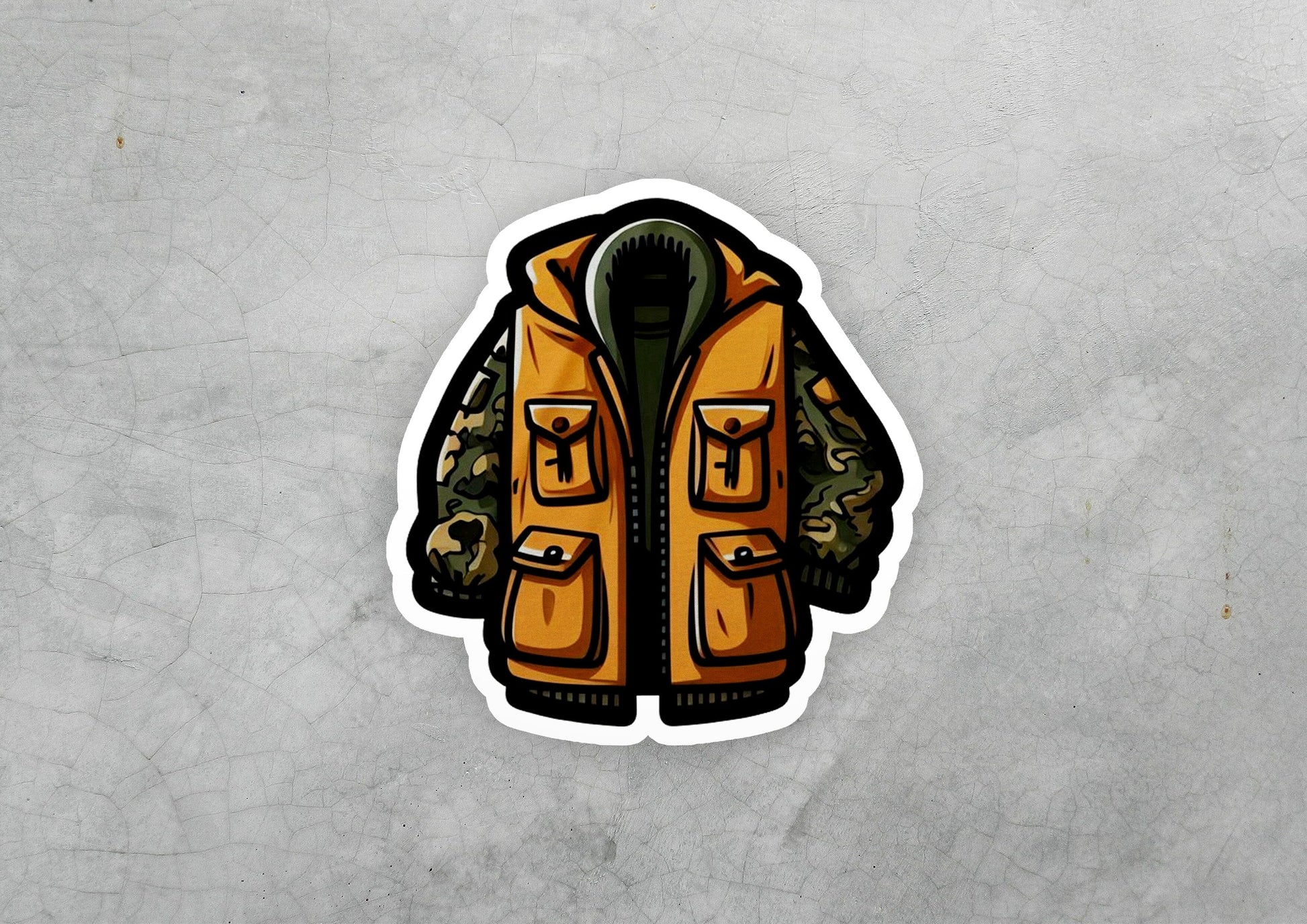 a sticker of a yellow jacket on a gray background