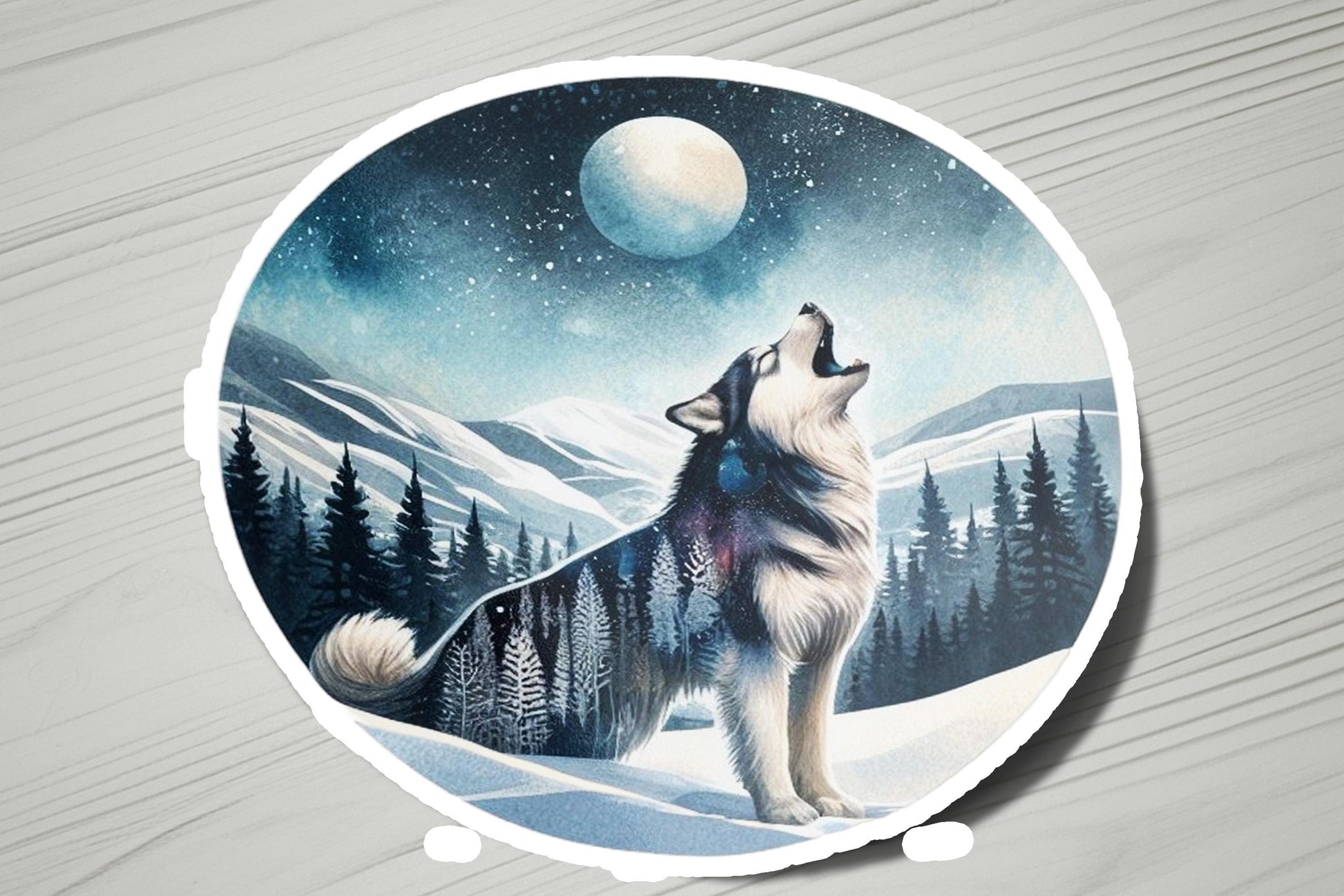a painting of a wolf howling at the moon