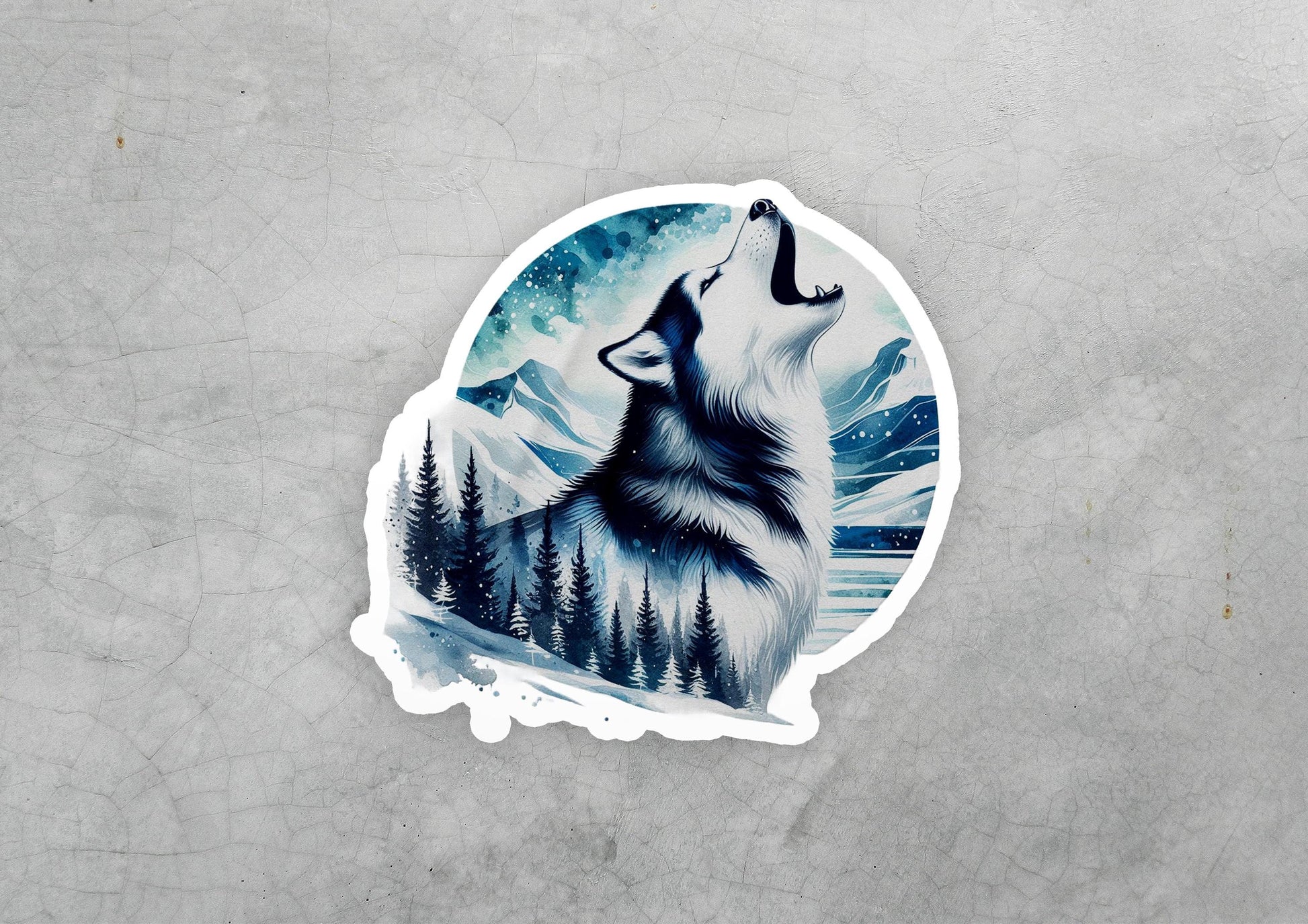 a sticker of a wolf with a mountain scene in the background