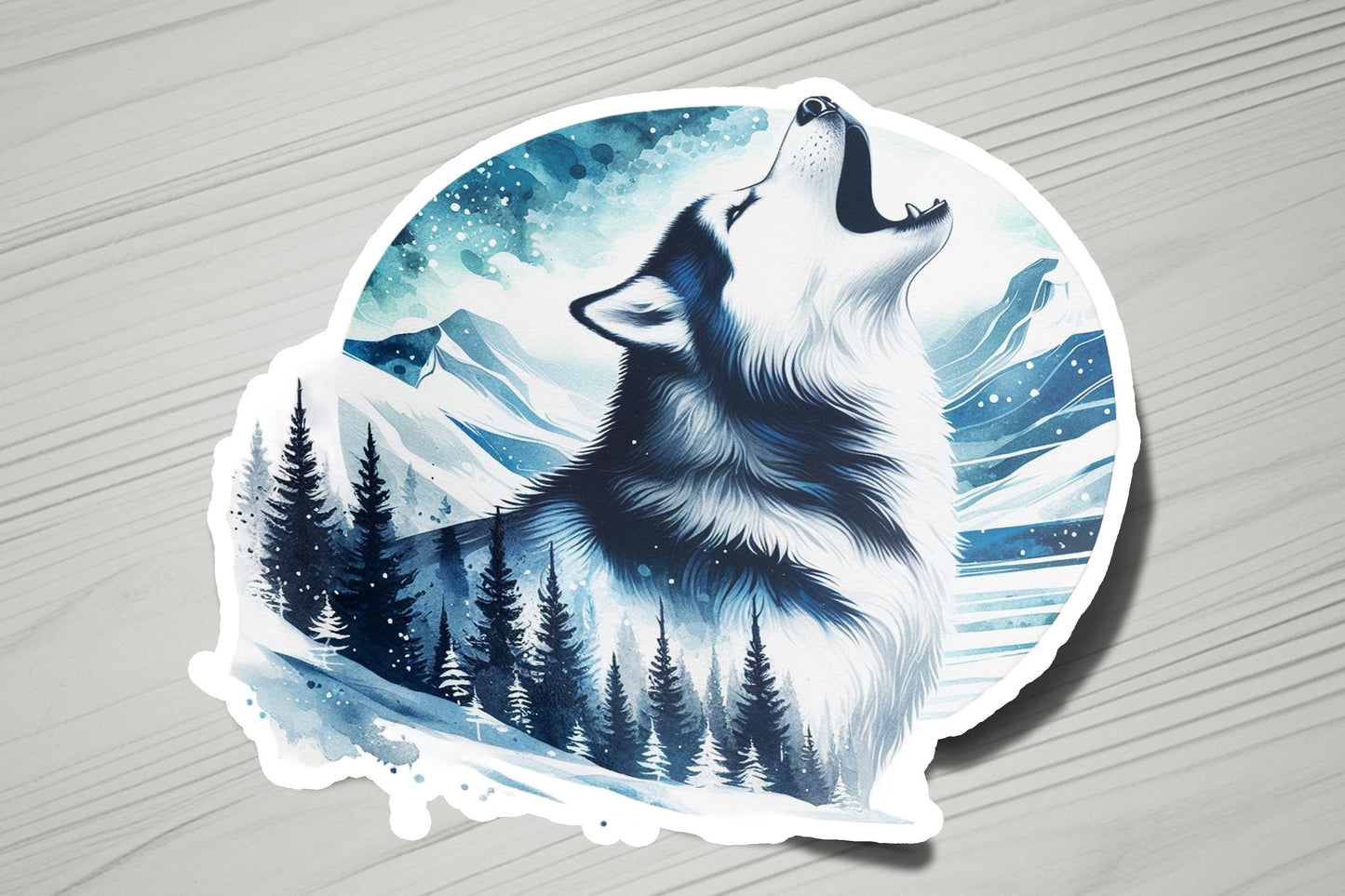 a sticker of a wolf with a mountain scene in the background