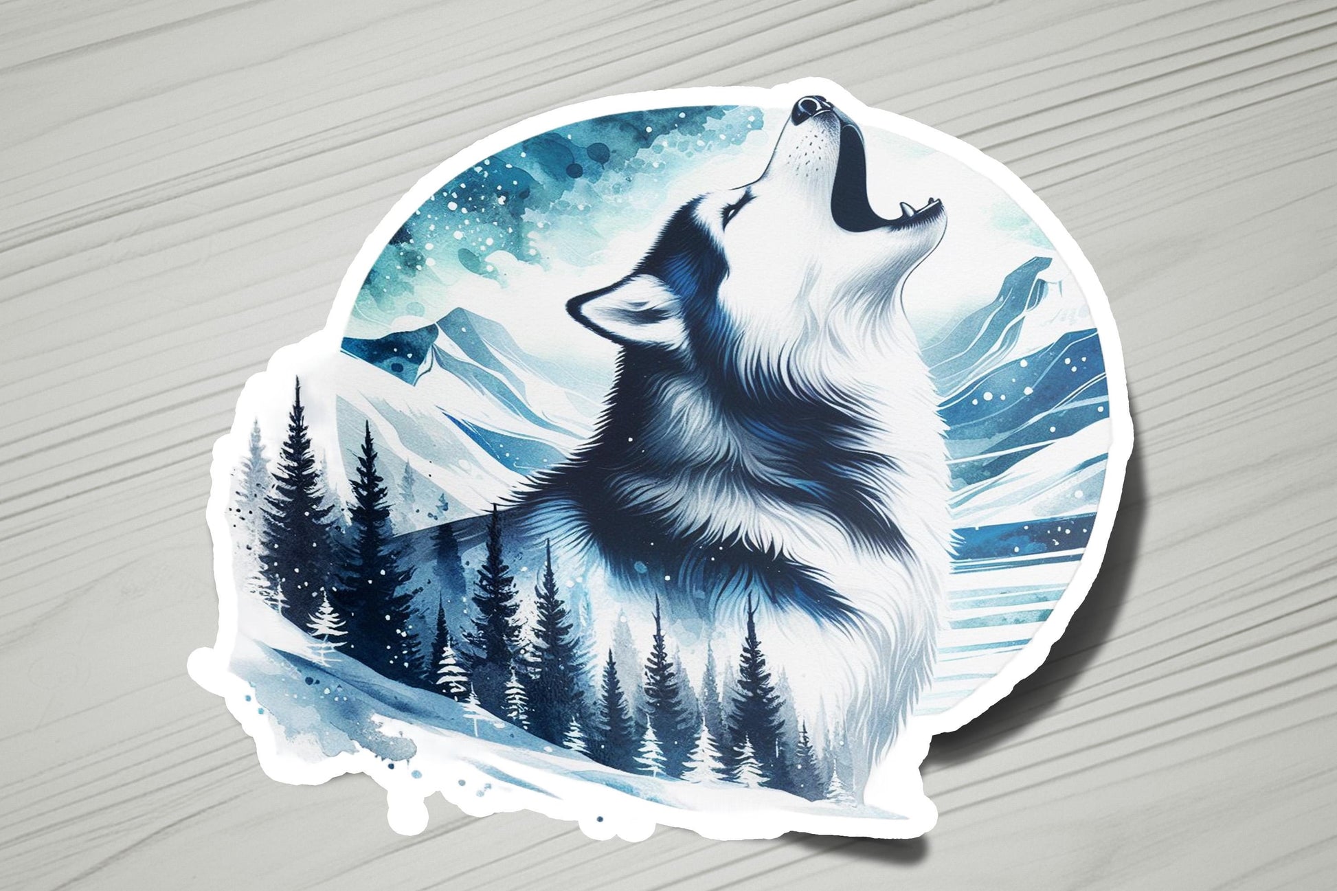 a sticker of a wolf with a mountain scene in the background