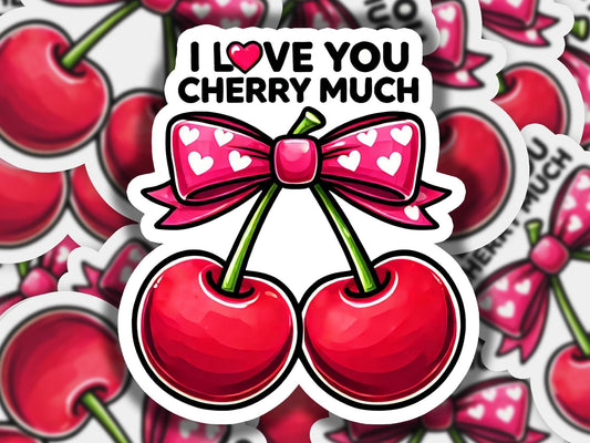a sticker with a bow and two cherries on it