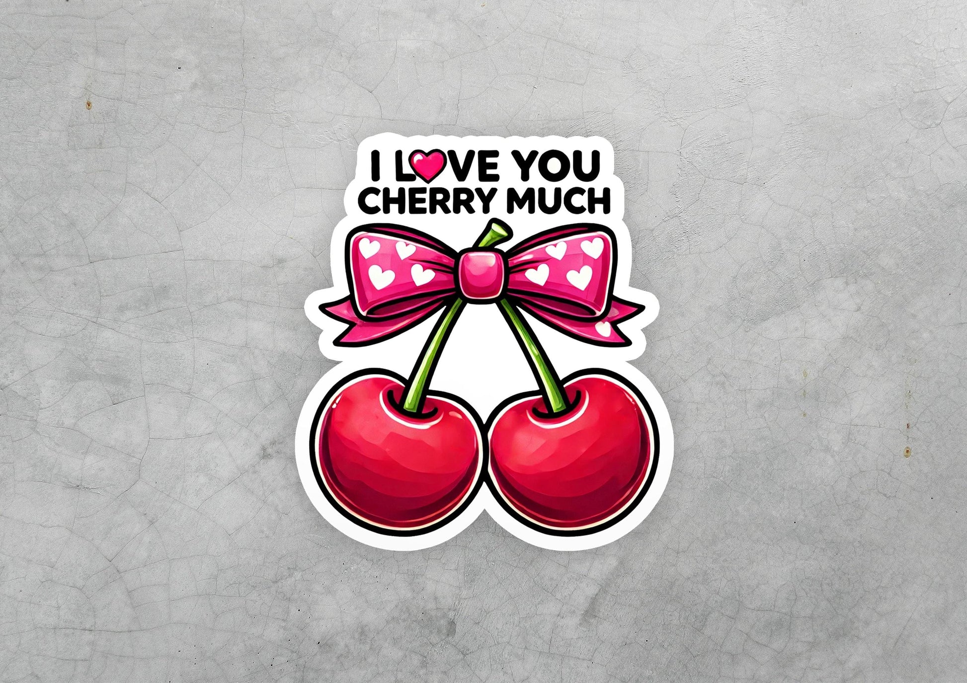a sticker of two cherries with a bow and i love you cherry much
