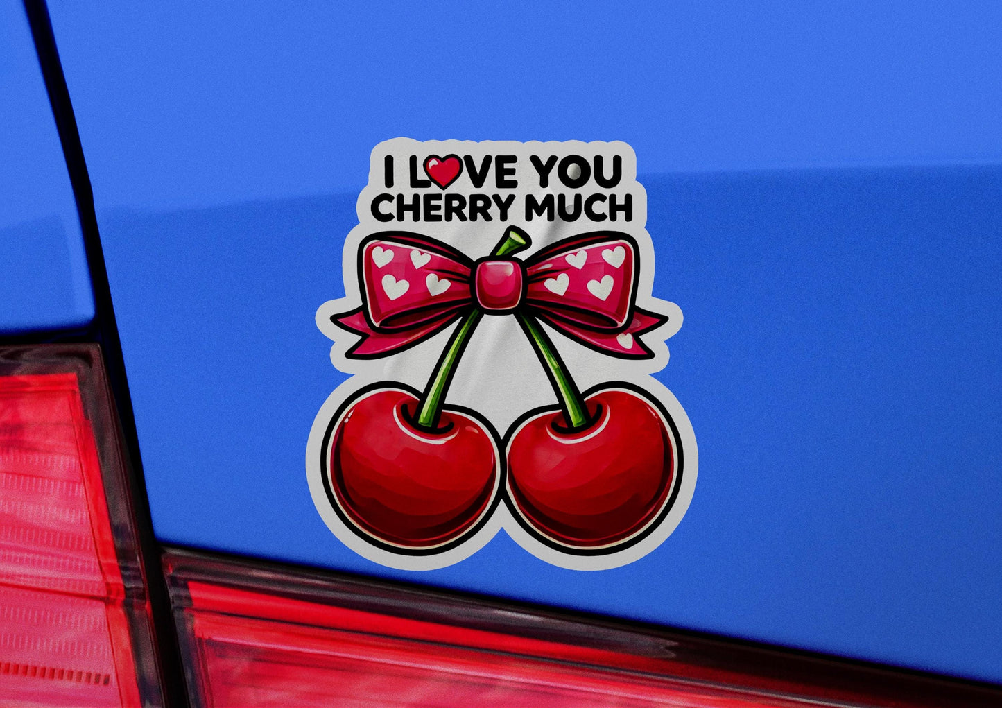 a sticker of two cherries with a bow and i love you cherry much