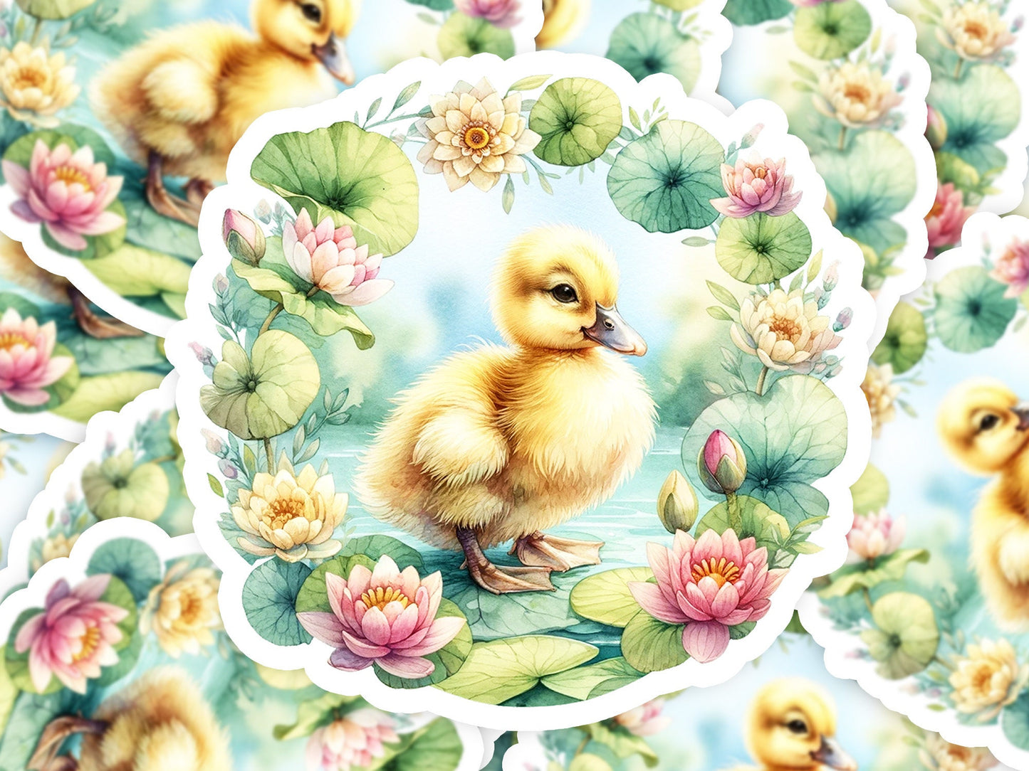 a picture of a duckling surrounded by water lilies