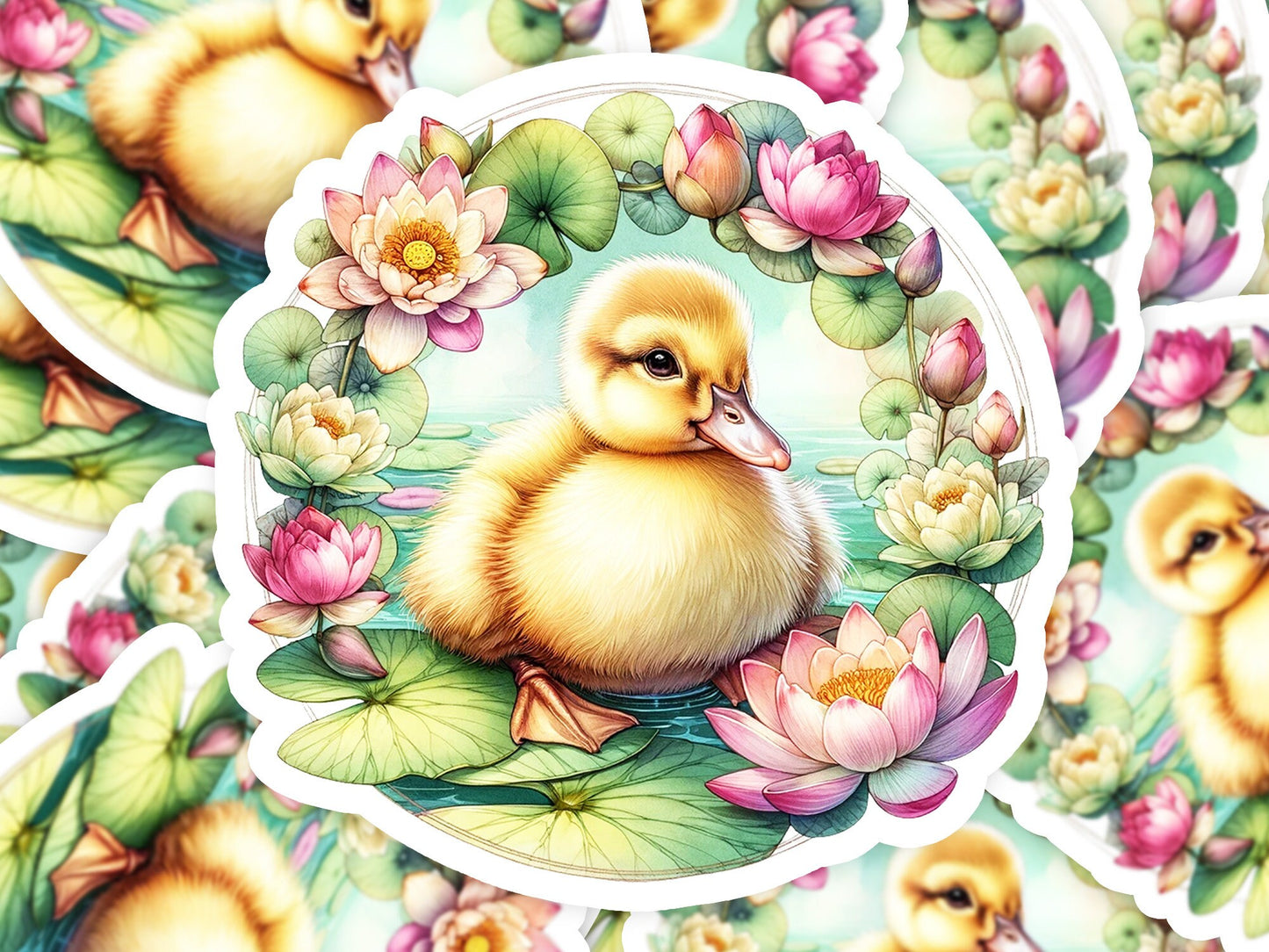 a sticker of a duckling surrounded by water lilies