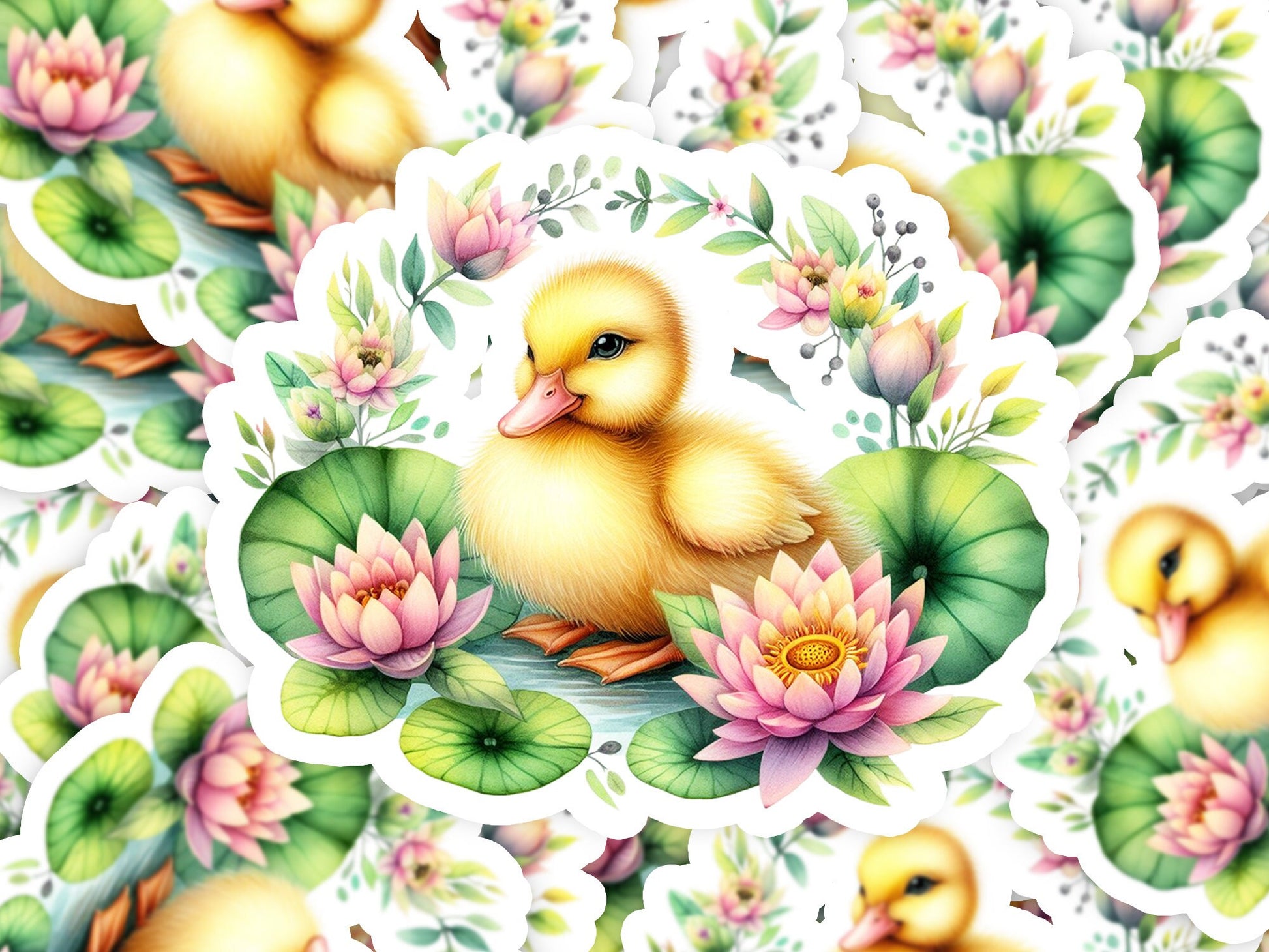 a watercolor painting of a duckling on a lily pad