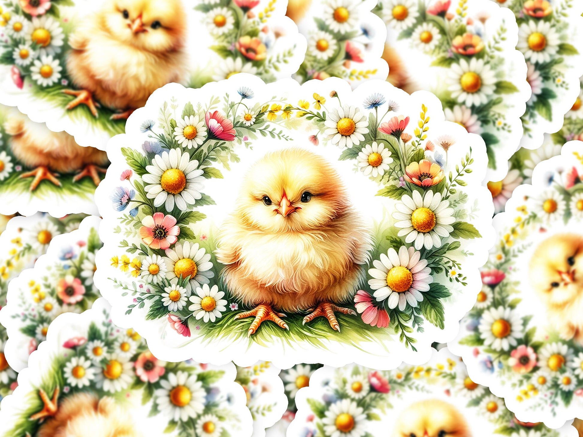 a picture of a chicken surrounded by flowers and daisies