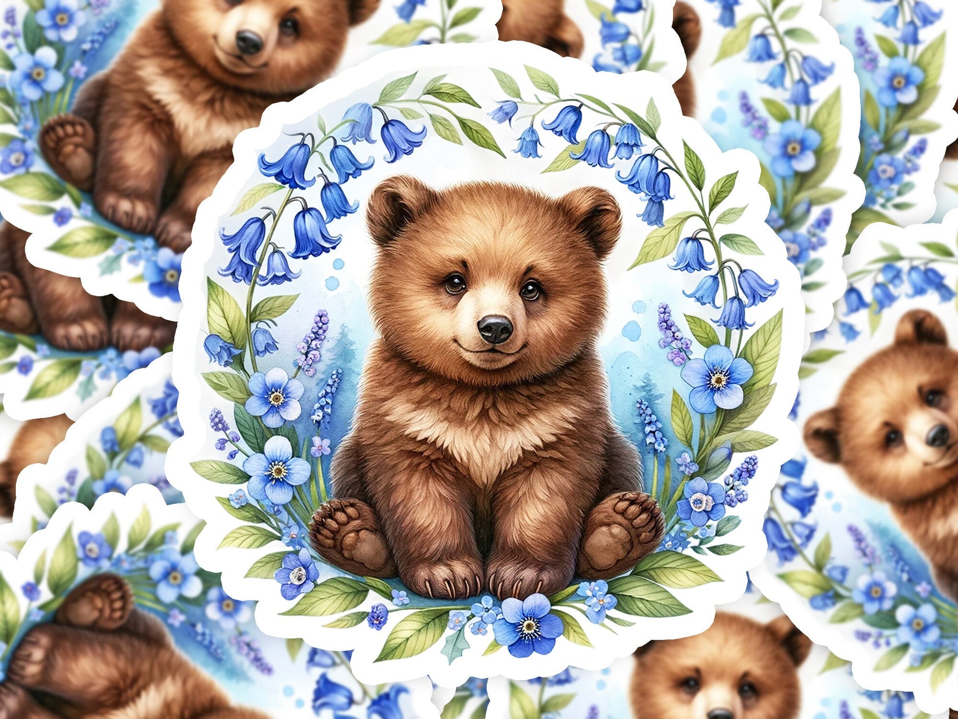 a picture of a brown bear surrounded by blue flowers