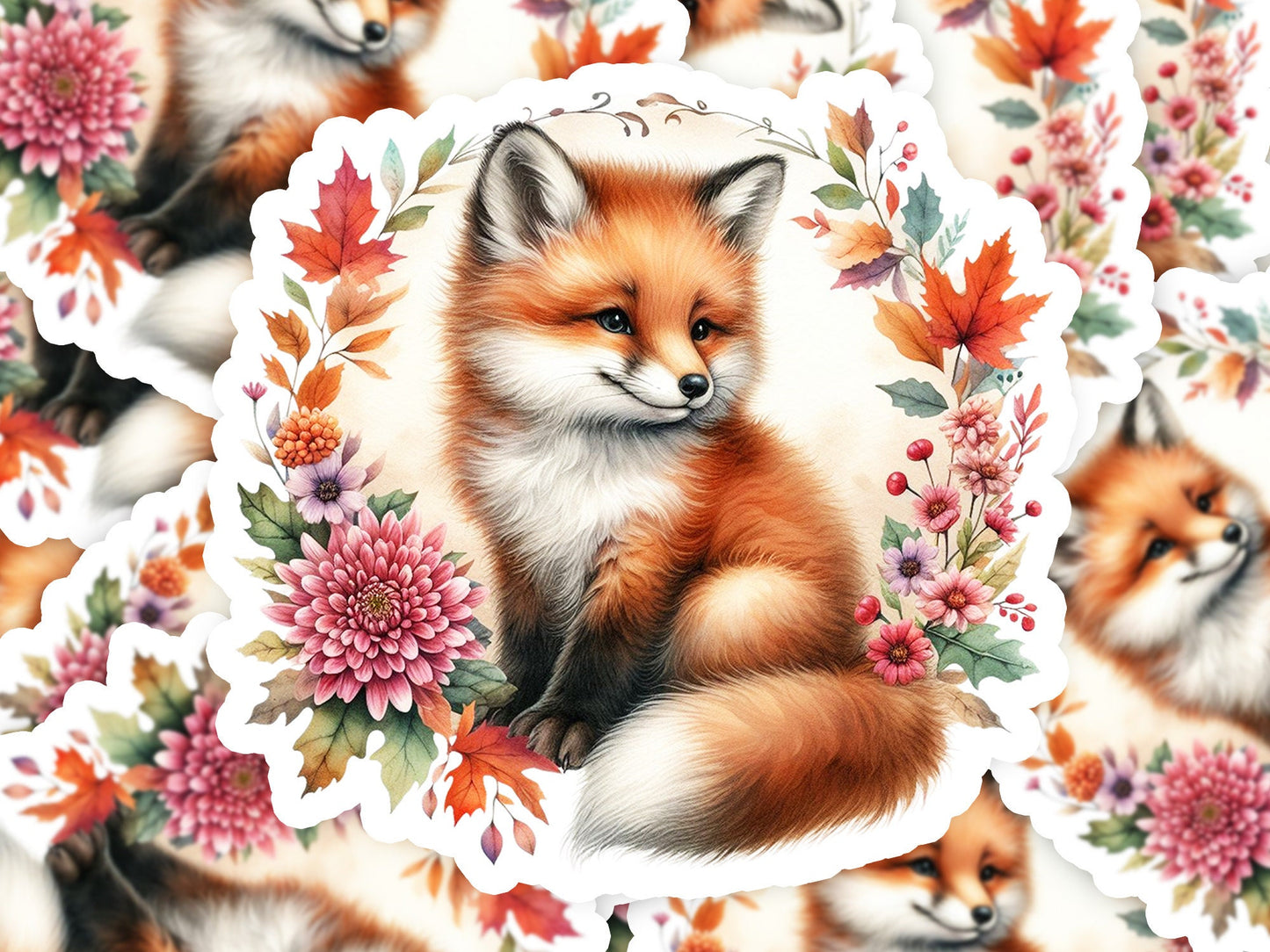 a picture of a fox surrounded by flowers