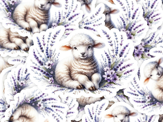 a picture of a lamb surrounded by lavender flowers