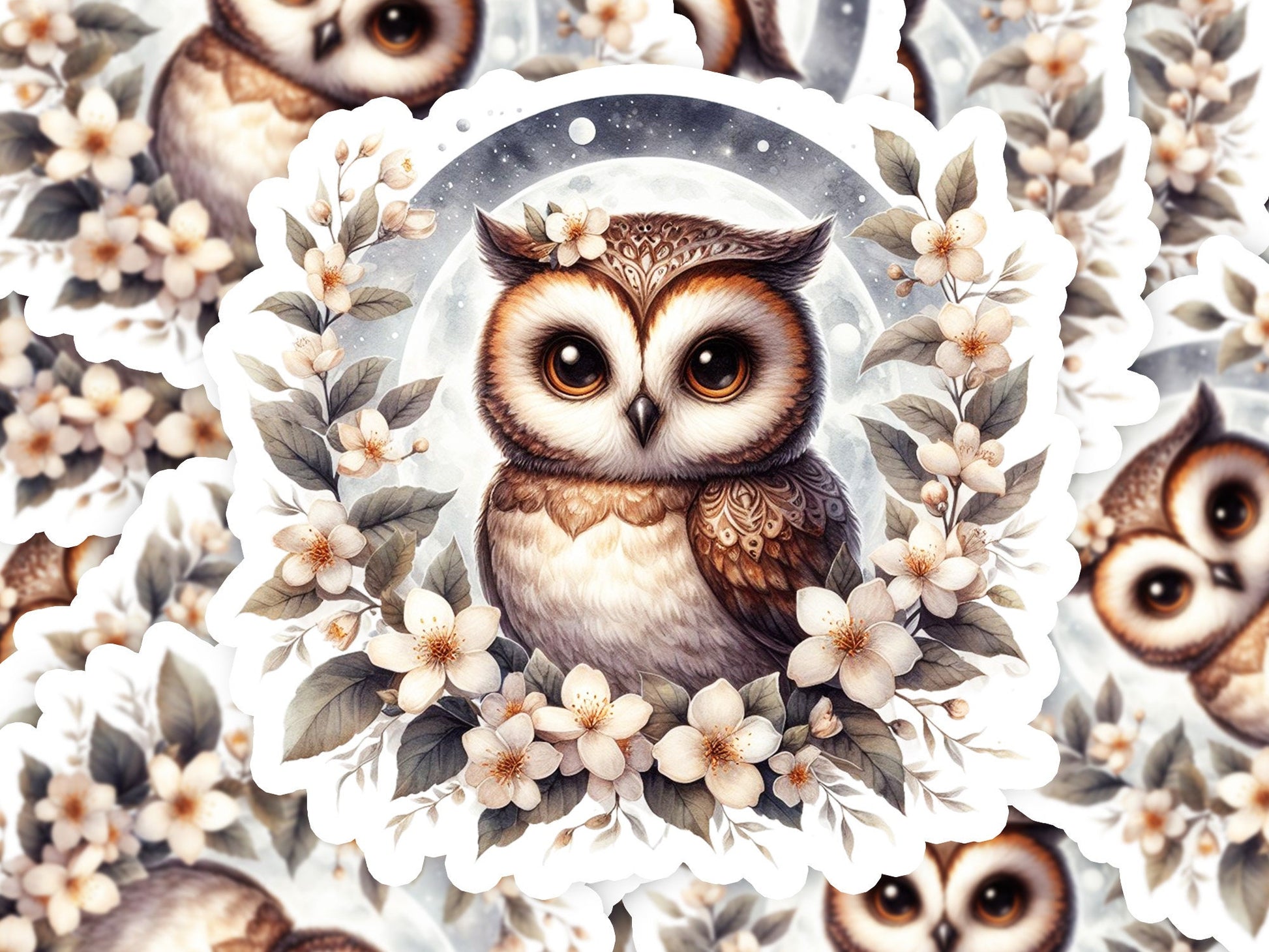 a painting of an owl surrounded by flowers