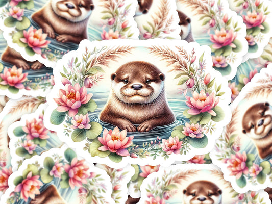 a sticker of an otter surrounded by flowers