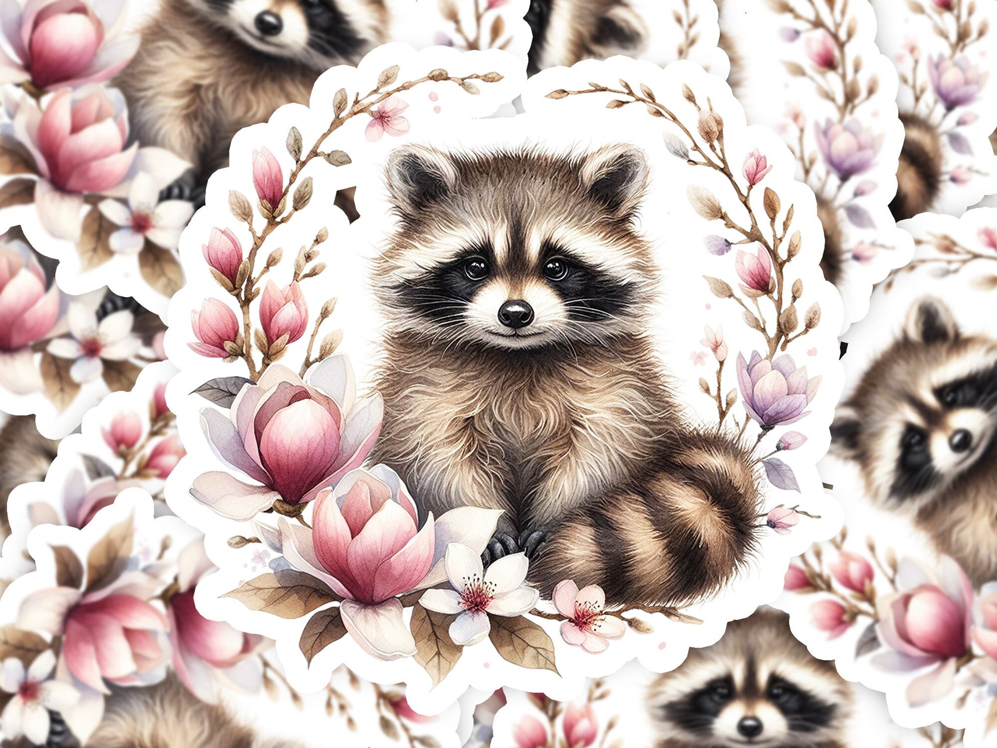 a painting of a raccoon surrounded by flowers