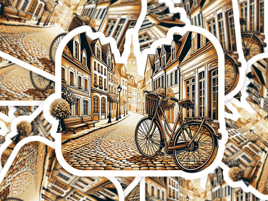 a drawing of a bicycle parked on a cobblestone street