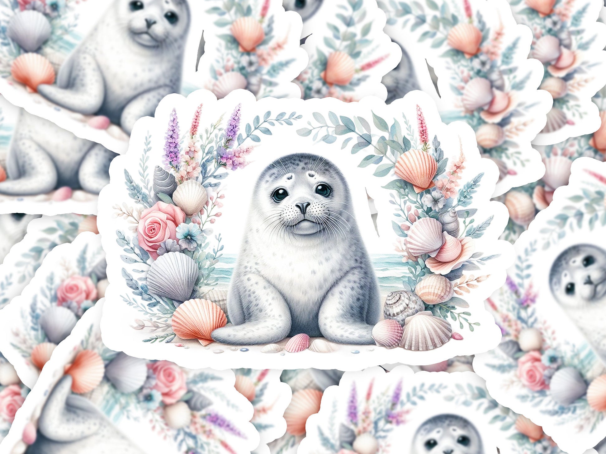 a watercolor painting of a seal with flowers and seashells