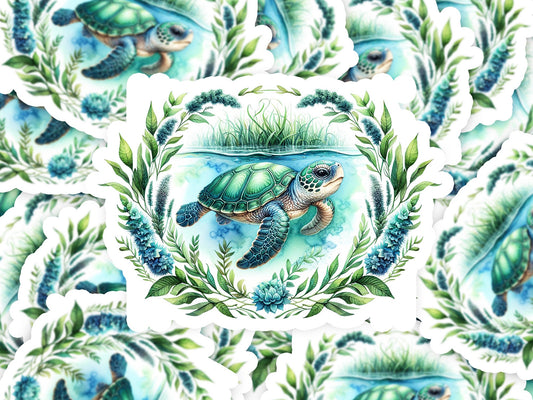 a watercolor painting of a turtle surrounded by plants