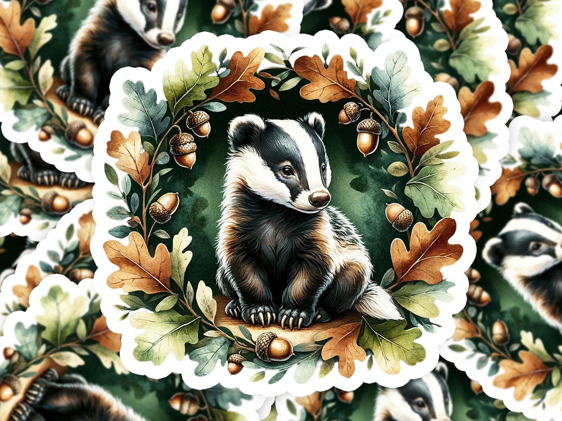 a painting of a raccoon surrounded by leaves and acorns