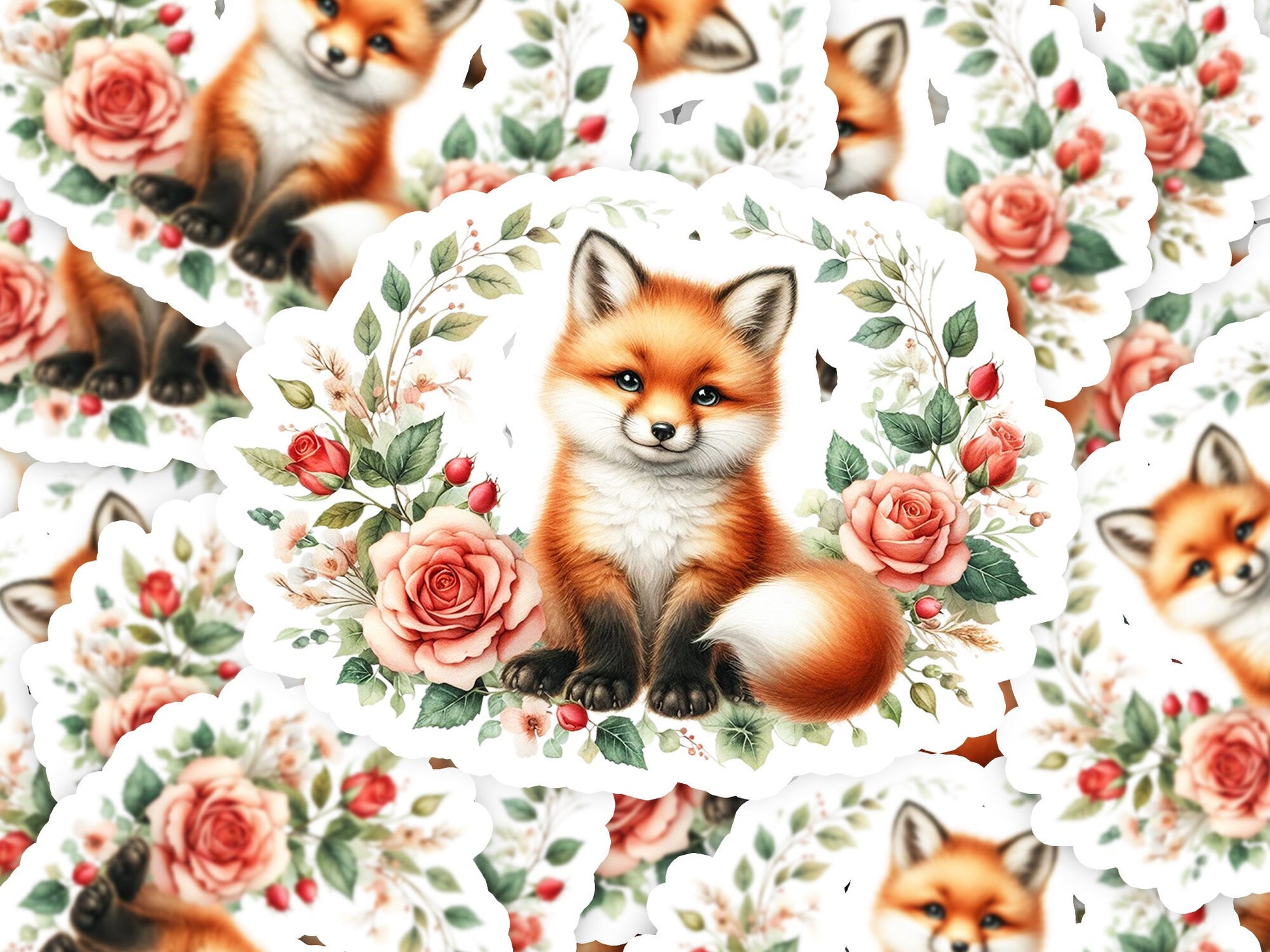 a picture of a fox and roses on a white background