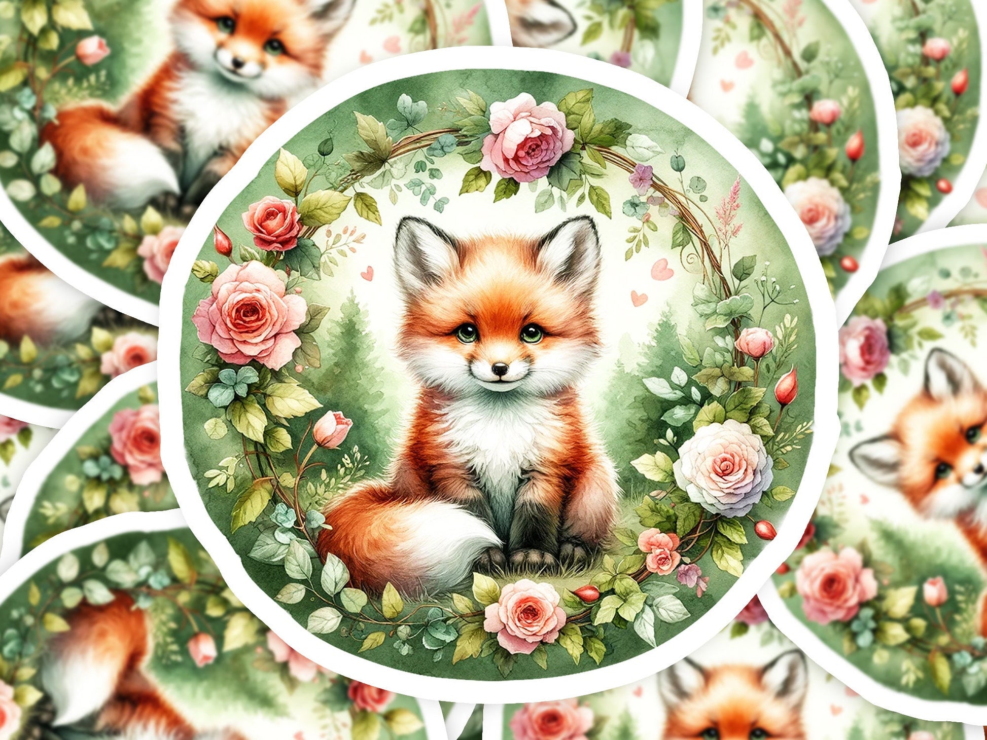 a picture of a fox surrounded by roses