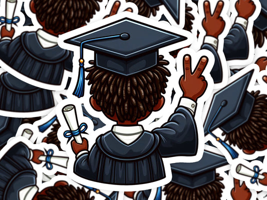 a sticker of a person wearing a graduation cap and gown