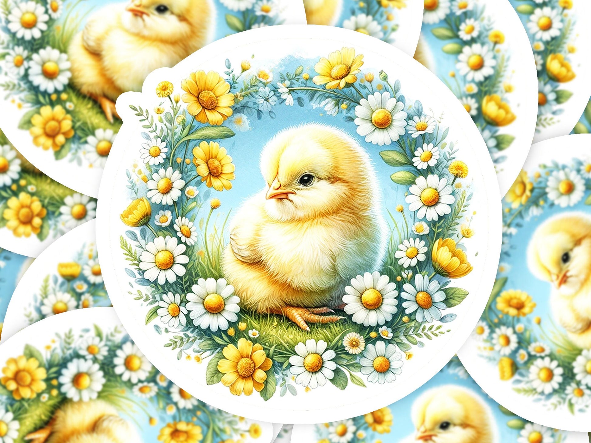 a bunch of stickers with a chicken on them