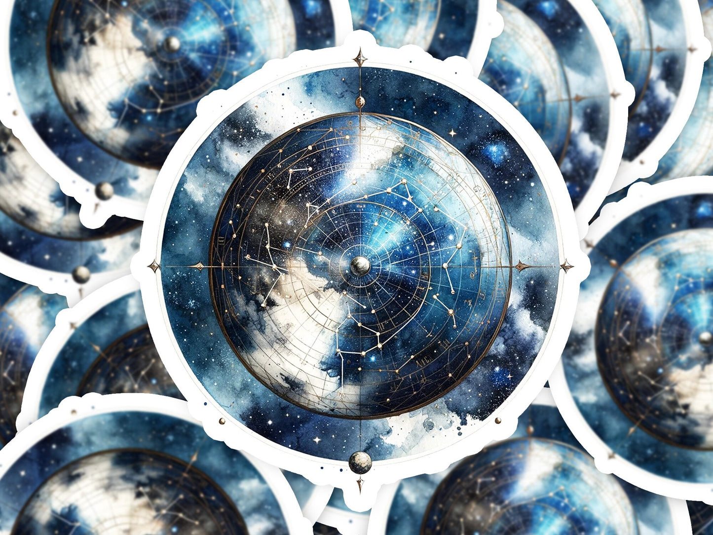 a bunch of circular objects with a sky background