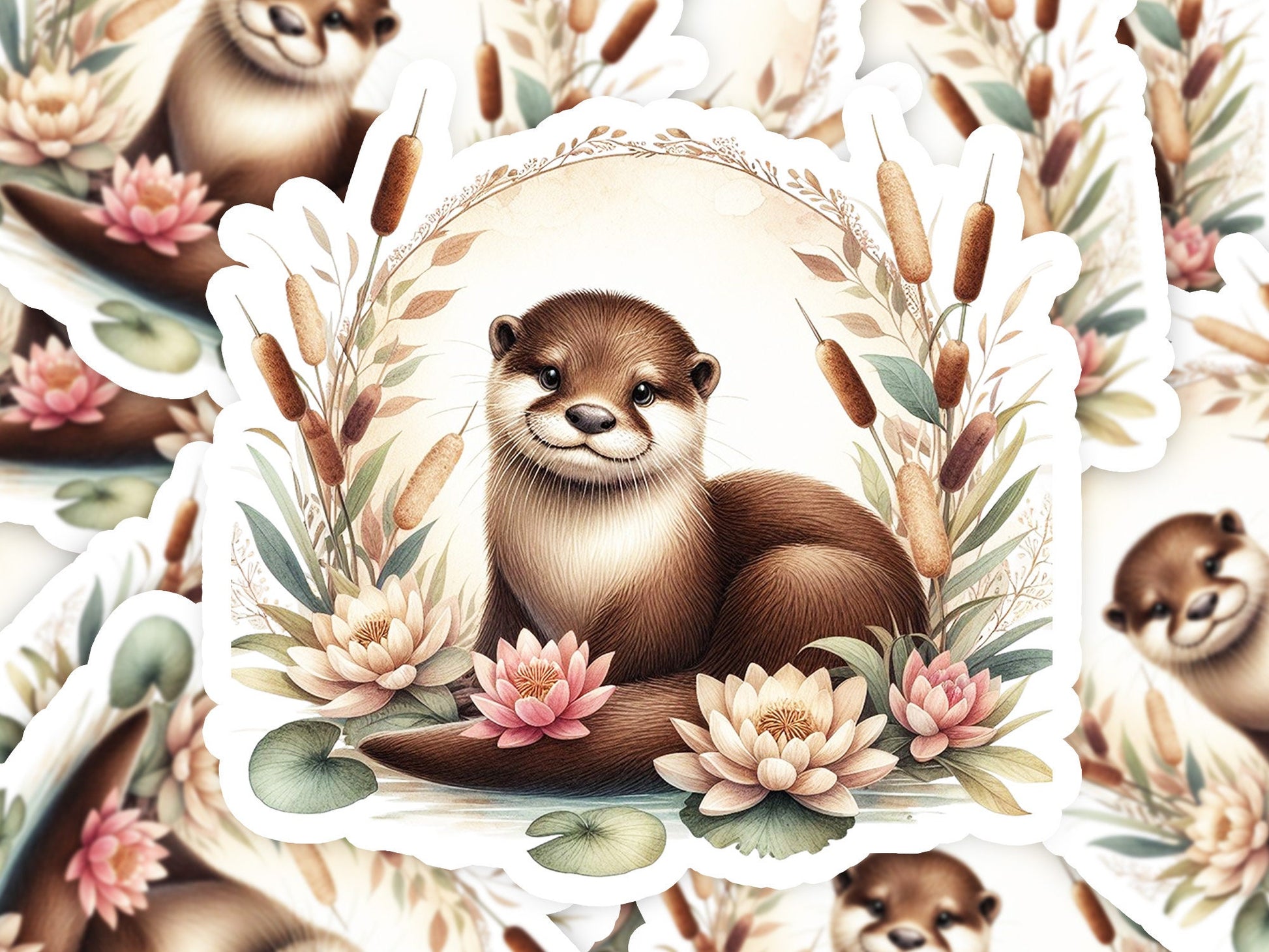 a picture of an otter surrounded by flowers