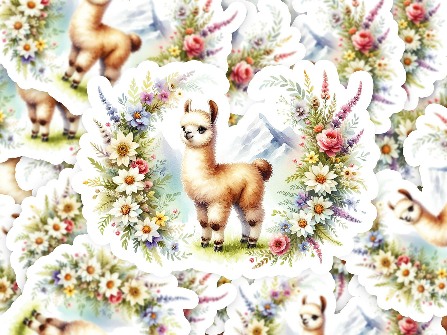 a llama surrounded by flowers and flowers on a white background