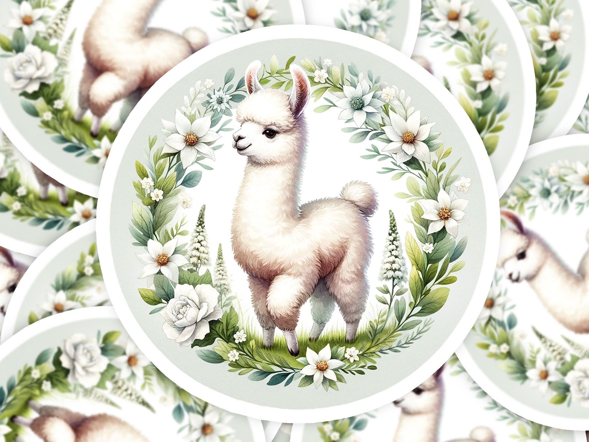 a picture of a llama surrounded by flowers and leaves