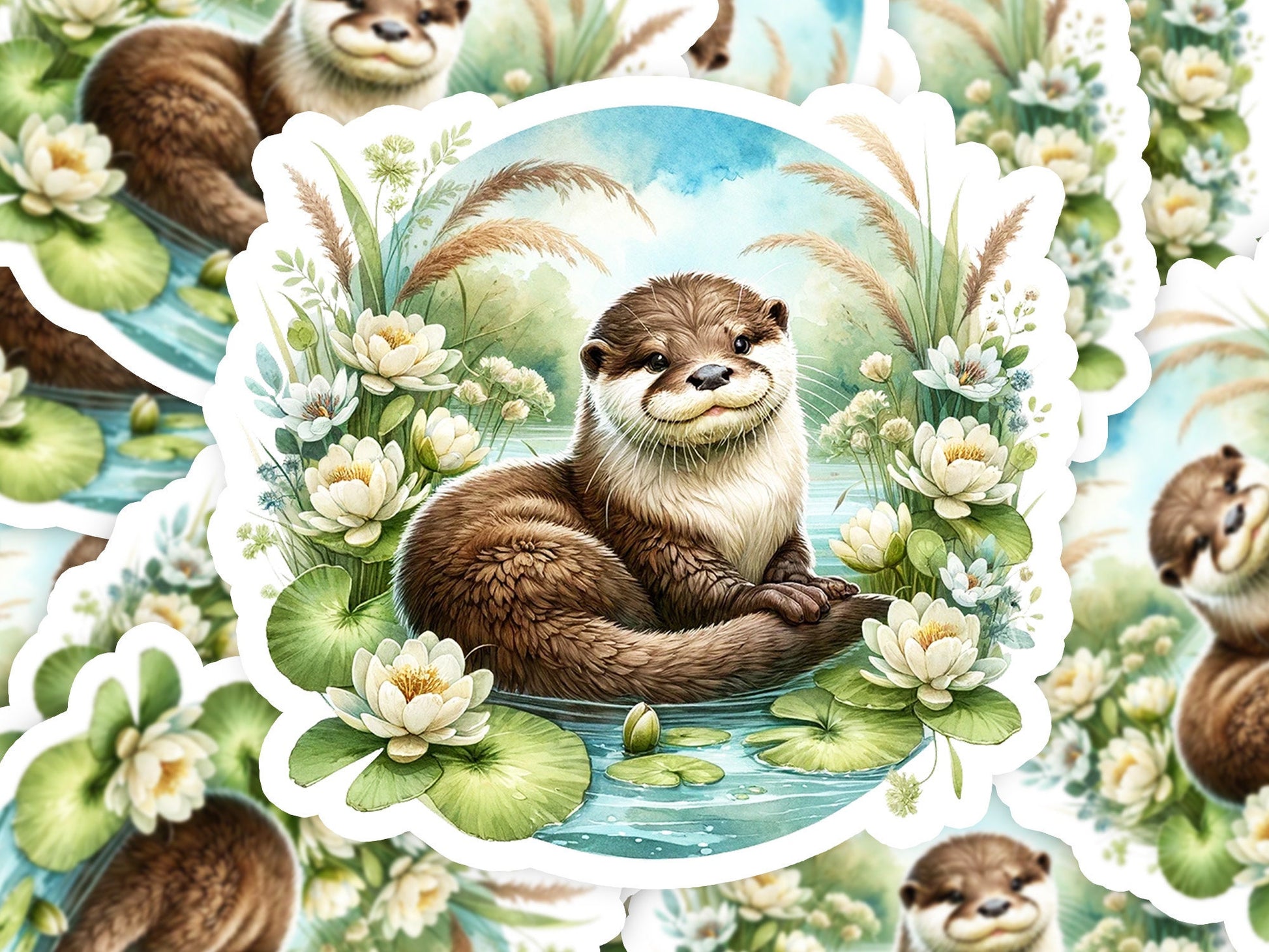 a painting of a otter sitting on a lily pad